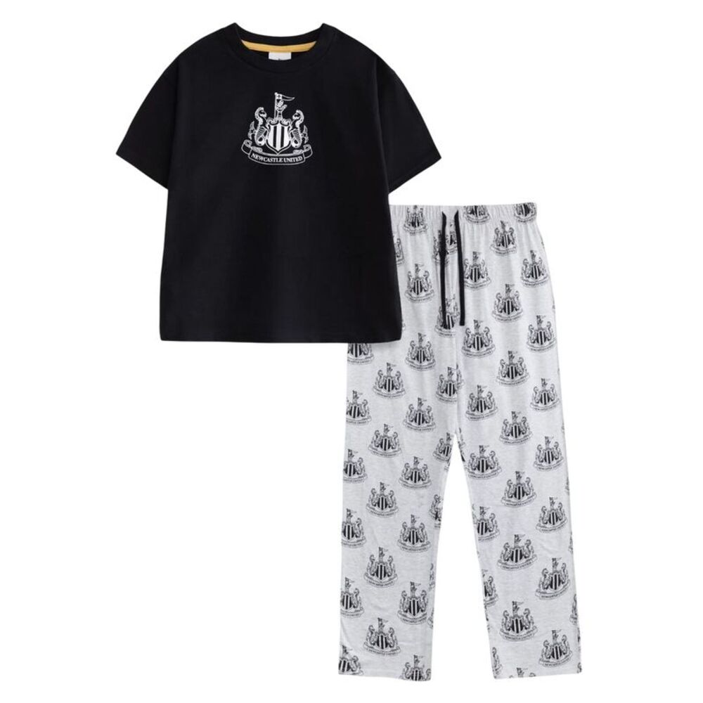 Newcastle United FC Mens Crest Short-Sleeved Long Pyjama Set / Black/Gray
